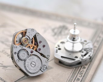 Steampunk Watch Movement Earrings: Sterling Silver Studs, Geek Chic Jewelry