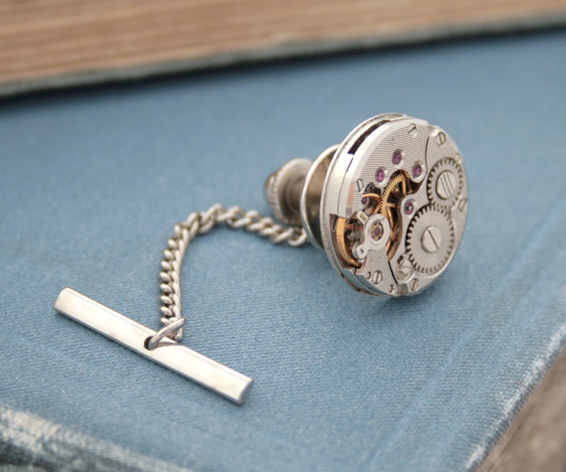 Tie Tack with Chain, charming Steampunk Tie Pin for a Wedding or formal wear image 2