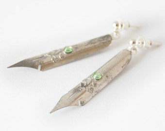 Fountain Pen Nib Earrings with Peridot, Sustainable Gifts for Teachers Upcycled Vintage Nibs