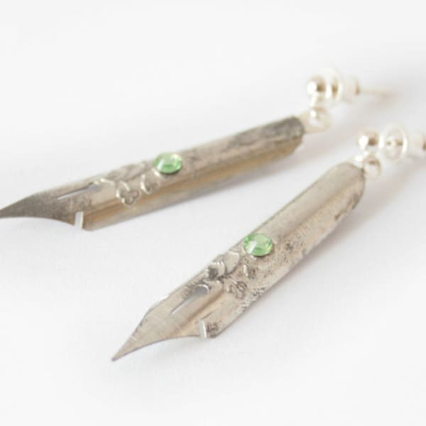 Fountain Pen Nib Earrings with Peridot, Sustainable Gifts for Teachers Upcycled Vintage Nibs