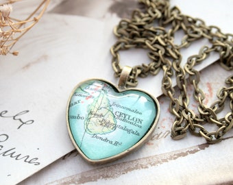Heart Necklace Personalized with Custom Map location Sweetheart Gift, Bronze Pendant Necklace