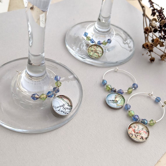 Personalised Wine Glass Charms With Custom Map Location, Personalized Gifts  for Hostess 