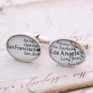 Boutons de manchette personnalisés avec localisation sur la carte Liens ovales en argent sterling personnalisés Cadeau de fiançailles sur commande
