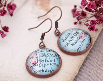 Personalized Earrings Custom Map Dangle Earrings, Bespoke Copper Anniversary Gifts for Wife