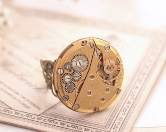 Steampunk Cocktail Ring, Adjustable Gold Statement  Ring made of Watch Movement for Her