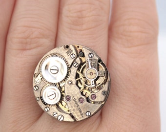 Steampunk Adjustable Ring, Timepiece Ring with antique watch movement