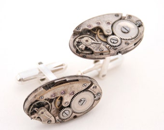 Silver cufflinks Birthday Gifts for Men Sterling Steampunk Cufflink Steampunk watch movements Cufflinks for Dad Fathers Day Gift