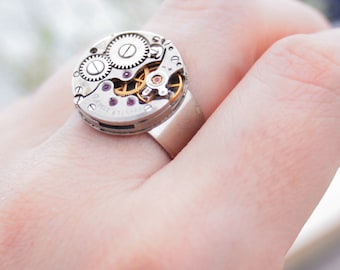 Steampunk Signet Ring made of Watch work, Industrial Ring as Birthday Gift for Boyfriend