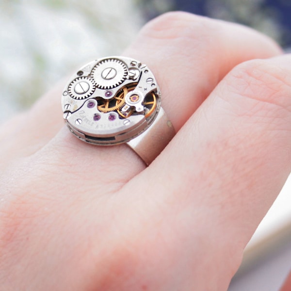 Steampunk Signet Ring gemaakt van horloge werk, industriële ring als verjaardagscadeau voor vriendje