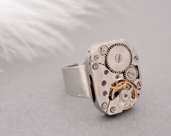 Steampunk Ring Statement Silver Jewellery Manual Watch Grey Ring with Ruby Gems Adjustable Ruby Ring Steampunk Jewelry