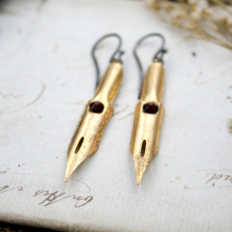 Dark Academia Earrings Made of Fountain Pen Nibs Dangle Gold Etsy UK