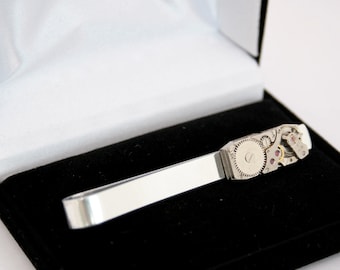 Stylish Silver Tone Tie Clip featuring Real Swiss Watch Movement | Ideal Groom Gift Idea