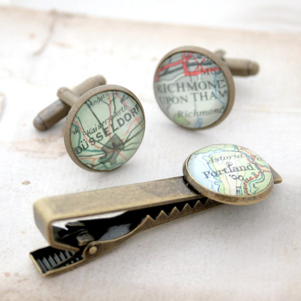 Custom Tie Clip and Cufflink Set with World Map Locations I Wedding Gift for a Future Groom