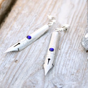 Boho Long Silver Earrings Unique Gift For Writer, Quill Statement Jewellery for evening image 3