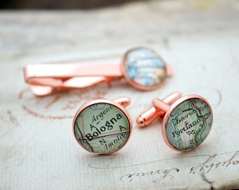 Rose Gold Cufflinks Set with Tie Clip I Personalized Fathers Day Gift with Custom Map Location
