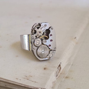 Mens Steampunk Pinky Ring: Vintage Swiss Watch Movement, Adjustable Band