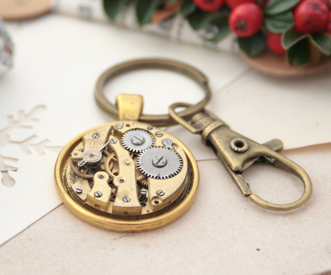 Steampunk Keychain Gold Watchwork Keyring Housewarming Gift Etsy