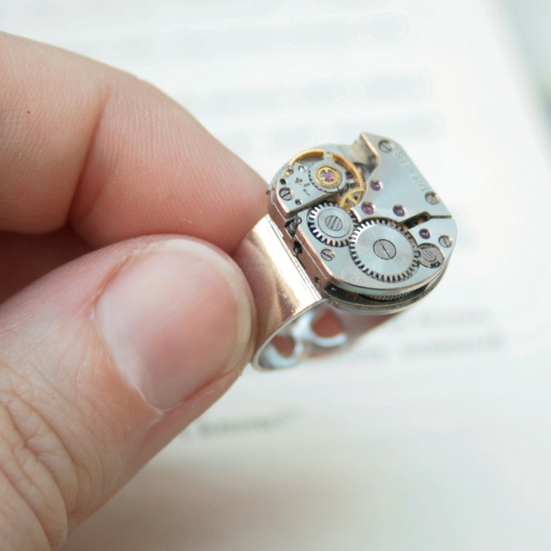 Mens Pinky Ring, Steampunk Ring, Steampunk Signet, Simple Silver Watch Movement Ring for Birthday image 2