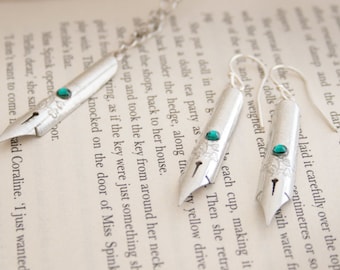 Collier turquoise et boucles d'oreilles en plumes de stylo, ensemble de bijoux pour un auteur