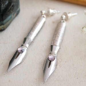 Fountain Pen Nib Dangle Earrings: Sterling Silver, Light Amethyst Swarovski Crystals