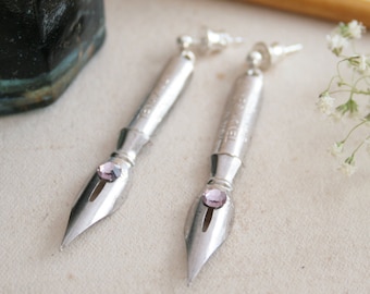 Fountain Pen Nibs Dangle Earrings Silver and Light Amethyst Unique Gift for Writer