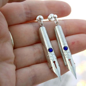 Boho Long Silver Earrings Unique Gift For Writer, Quill Statement Jewellery for evening image 5