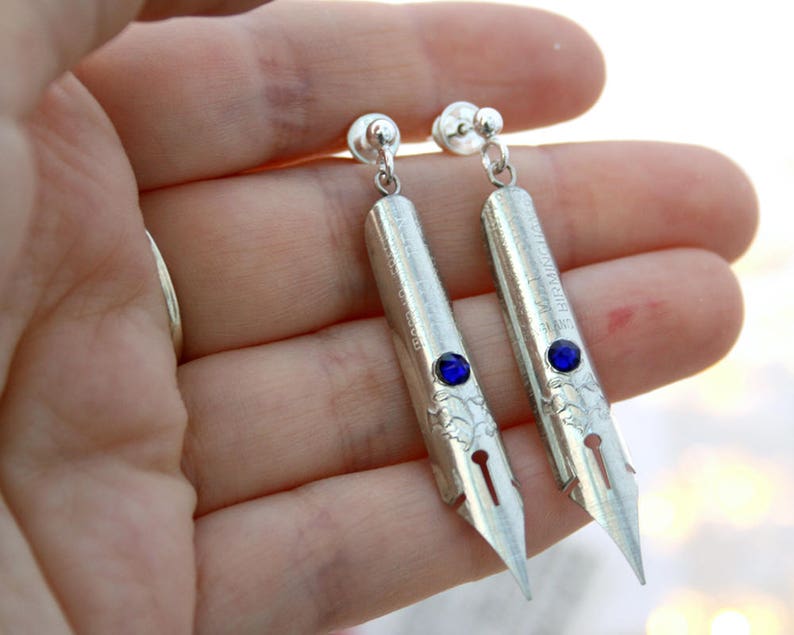 Boho Long Silver Earrings Unique Gift For Writer, Quill Statement Jewellery for evening image 5