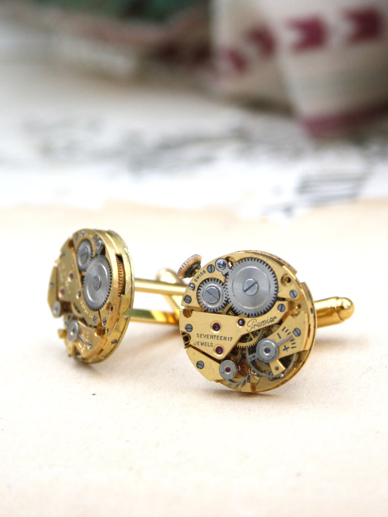 Cufflinks, Steampunk Golden tone Watch Parts mens jewellery, Wedding Anniversary Gift for Husband image 2