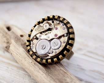 Steampunk Statement Ring, Cocktail Ring in Steam punk style, antique watch mechanism jewelry, unisex adjustable bronze ring