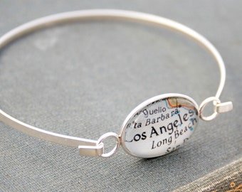 Bangle Bracelet with Personalized Map Location, Anniversary Gift for Wife, Sterling Map Bracelet