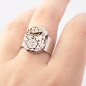 Silver Statement Ring Steampunk Watch Halloween Costume Jewelry Goth Timepiece Adjustable Ring Steampunk Jewellery Clockwork Ring