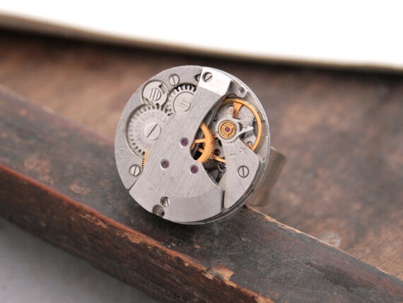 Watch Statement Ring Silver Gray Steampunk Jewelry Soviet Wristwatch Ring  Metal Adjustable Ring Industrial Style Watch Parts Jewellery