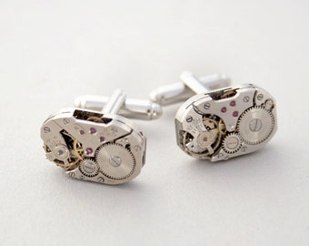 Steampunk Cufflinks: Vintage Watch Movement, Industrial Silver Cuff Links