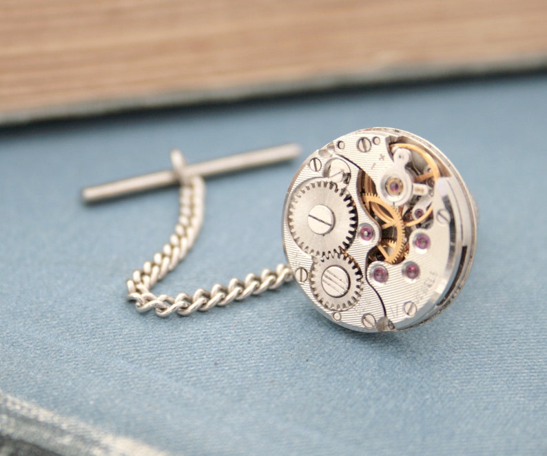 Tie Tack with Chain, charming Steampunk Tie Pin for a Wedding or formal wear image 1