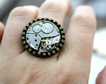 Cocktail Steampunk Ring made of Watch Movement, Christmas Gift for a Teenage Daughter