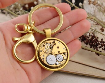 Steampunk Inspired Gold Tone Keyring with Antique Watch Movement - Unique Accessory for Victorian Enthusiasts