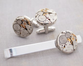 Tie Clip with Cufflinks, Steampunk Gift for Brother