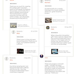 May include: A collage of customer reviews for personalized jewelry and accessories. The reviews highlight the quality, craftsmanship, and customer service of the shop. The reviews include images of the products, such as cufflinks, necklaces, and tie clips.
