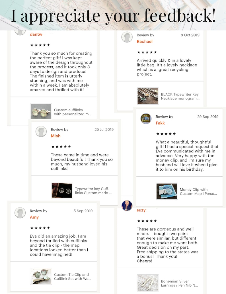 May include: A collage of customer reviews for personalized jewelry and accessories. The reviews highlight the quality, craftsmanship, and customer service of the shop. The reviews include images of the products, such as cufflinks, necklaces, and tie clips.