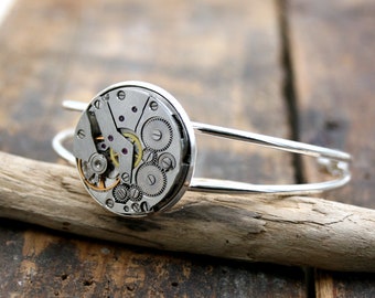 Steampunk Cuff Bracelet, Open Bangle Bracelet with Watch Mechanism in Silver Tone, Gift for a Girlfriend