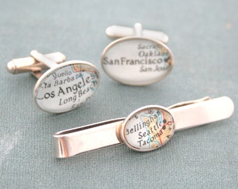 Sterling Silver Custom Tie Bar and Cufflinks Personalized with Custom Map Location