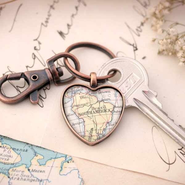 Copper Heart Keyring I Personalized Keychain with Map I Farewell Gift for Friend Long Distance Relationship