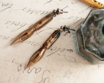 Pen Nib Earrings Gold Dangling Quirky Steampunk Jewelry, Graduation Gift or Thank you Teacher