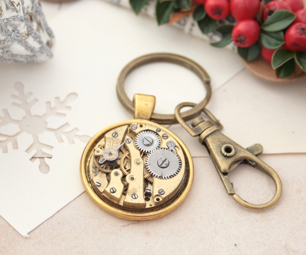 Steampunk Keychain Gold Watchwork Keyring Housewarming Gift Etsy
