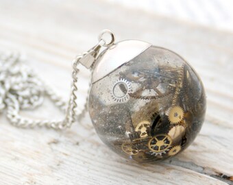 Resin Sphere Pendant Necklace Steampunk style, Gothic Statement Necklace of Watch Parts in Resin ball, Dark Academia Gift for Girlfriend