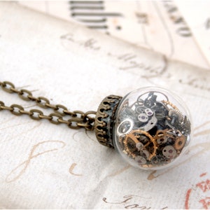 Steampunk Terrarium Necklace, Glass Ball Statement Necklace with Moveable Watch Parts image 1