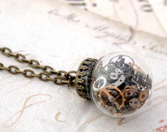 Steampunk Terrarium Necklace, Glass Ball Statement Necklace with Moveable Watch Parts