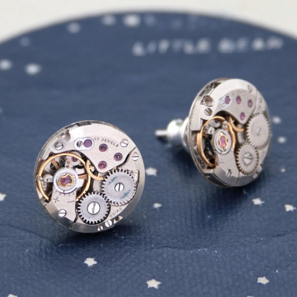 Boucles d'oreilles pour hommes, grandes boucles d'oreilles rondes steampunk de couleur argentée pour hommes, cadeau pour petit ami composé de vraies montres