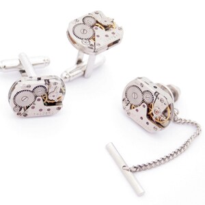 Cufflinks and Tie Tack with Chain, Watch Movement Tie pin and cuff links for Wedding Anniversary image 2