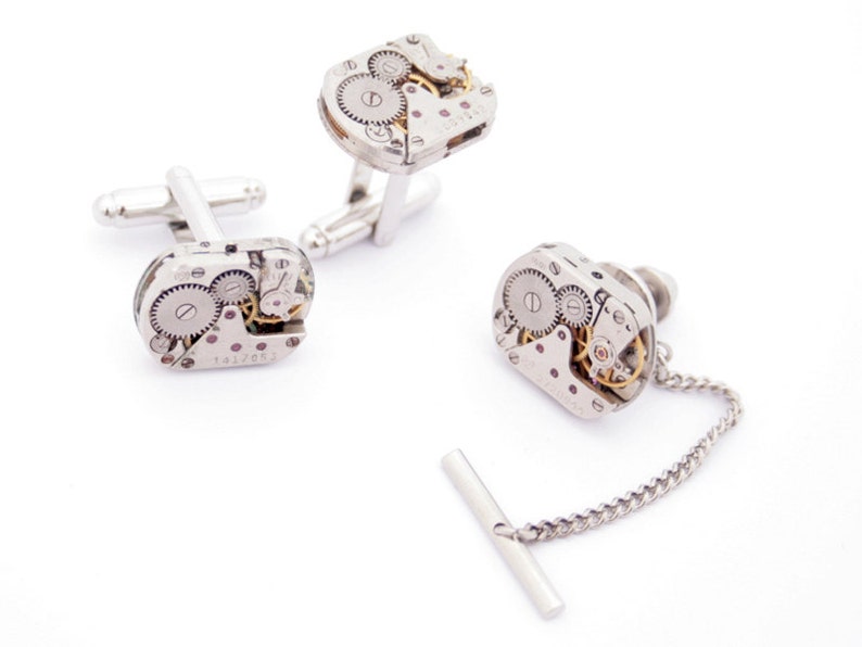 Cufflinks and Tie Tack with Chain, Watch Movement Tie pin and cuff links for Wedding Anniversary image 2